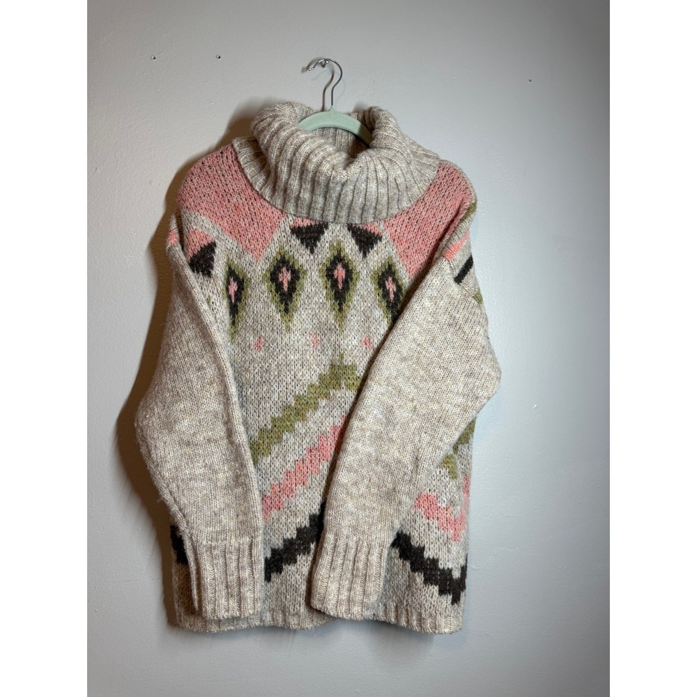 Tribal Apres Ski Cowl Neck Fair Isle Sweater Oatmeal Pink Cozy Size M